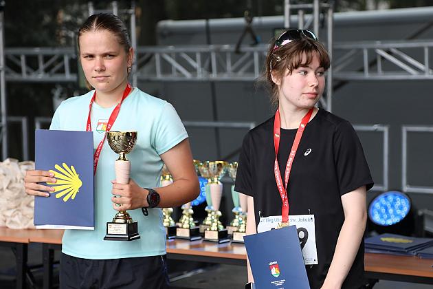 Dwaj laureaci z pucharami i dyplomami stoją na scenie podczas Jarmarku św. Jakuba.